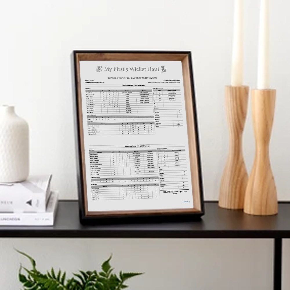 Personalised cricket scorecard print showing a 5 wicket haul bowling performance Personalised cricket scorecard print showing a 5 wicket haul bowling performance