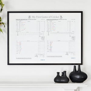 Personalised My First Cricket Match print showing scorecard data from a player's first cricket game
