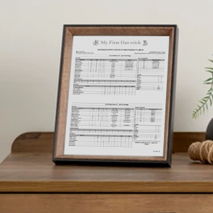 Custom Printed Cricket Scorebooks and Scorecards Personalised first hat trick cricket print framed with bowling figures and match details